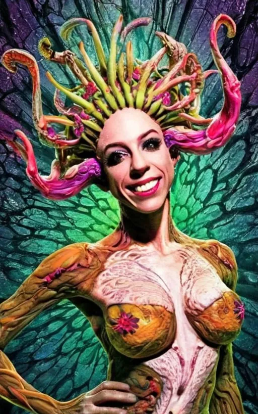 Prompt: Extreme psychedelic hyperrealism- Super high definition ultra textural floral entity psychedelic hallucination surrealism, psychedelic alien flower creature, detailed, highres, intense colors, eerie lighting, bizarre features, unsettling atmosphere, otherworldly, distorted proportions, mind-bending, dreamlike, abstract,, organic textures