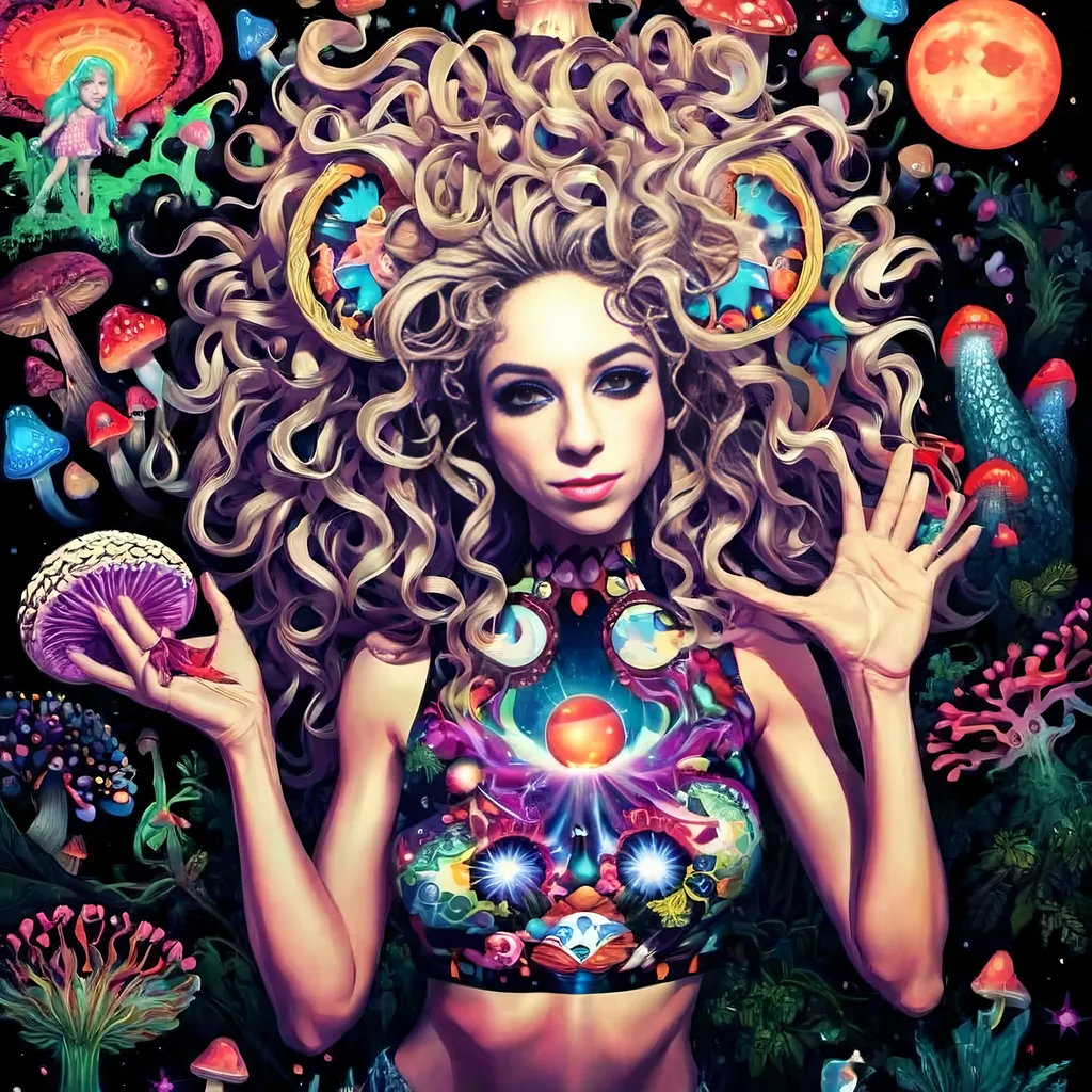 Prompt: A psychedelic trippy bright colorful vivid black light poster illustration of a girl with longish blond curly hair, with psychedelic magic mushrooms, trippy hallucinations, optical illusions and patterns, crystals, moss, forest, moon, geometry fractals