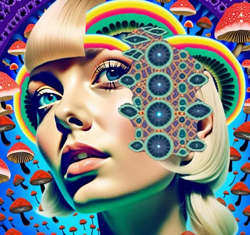 Prompt: a psychedelic collage reminiscent of 70s psychedelic sci fi collage artwork celebrating a girl on mushrooms. It is to feature a photograph of a woman with blond curly hair that is edited by splicing it with other images from photographs, magazines, newspapers, illustrations/paintings to create the impression she is high on magic mushrooms. The work will include such elements as a psychedelic 3rd eye open, stars and planets, trippy optical illusions and patterns, psilocybin cubensis mushrooms, fractals, UFOs, aliens, geometric shapes, auras, rainbow spectrums, sacred geometry, trippy drippy stuff, psychedelic hallucinations, open eyes, landscapes of astral worlds<mymodel>