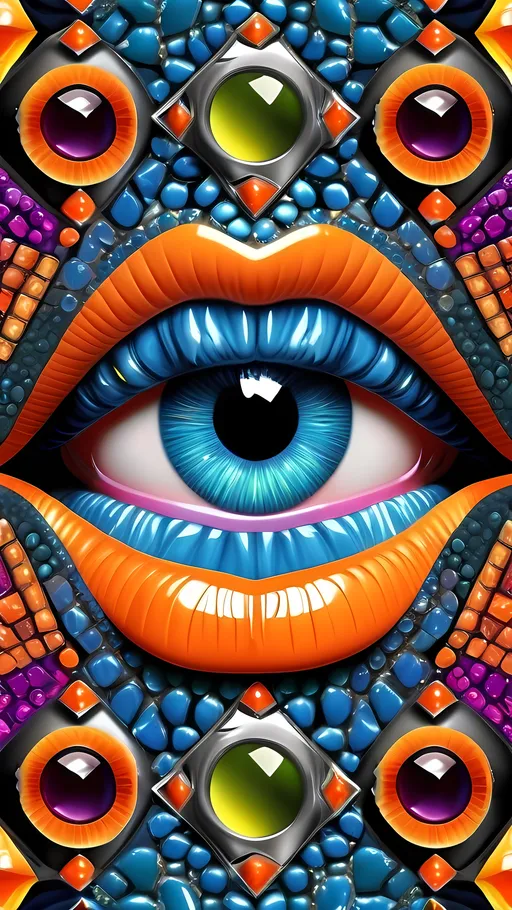 Prompt: Create an extremely hyper-realistic, ultra super textural, weird, trippy, surreal, psychedelic pattern/design based on crystal tiling, with lots of human eyes (crazy colorful compound psychedelic), rows of human teeth, human lips, and tongues. Include mineral crystal accents.

- **Colors**: determined by the properties and expressions of the elements, minerals, and metals: phosphorus, peridot, citrine, tourmaline, pyrite, silver.

**Shapes and forms**
-crystalline (acicular)

- **Textures**: Derived from any/all organic elements, minerals, metals, crystals, organic things mentioned in this prompt.

**Composition and Layout**:
- Spherical layout/composition
- crystal tiling
- hyperbolic forms and structures
-zoomed out creating a surreal pattern/design using arabesque tiling

**Lighting**:
- Lots of bright light

**Detail and Atmosphere**:
- Extreme hyperrealistic sharp high detail high definition organic and mineral textures
- Psychedelic, weird, odd, surreal atmosphere
- Frozen in time

**Additional Elements**:
- Diatoms, extra rows of teeth, lips, many eyes,fungus

Capture this scene using Canon EF 70-200mm t/2.8L IS III USM film