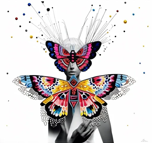 Prompt: a photograph of a woman (color or black and white) with multimedia elements added to create the appearance that she is a beautiful intricate moth, with moth wings and antennae created from paint, paper, photos, glitter, iridescent enamels, nail polish, rhinestones, thread and string, fabric, folded paper etc<mymodel>