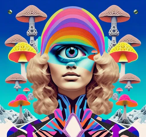 Prompt: a psychedelic collage reminiscent of 70s psychedelic sci fi collage artwork celebrating a girl on mushrooms. It is to feature a photograph of a woman with blond curly hair that is edited by splicing it with other images from photographs, magazines, newspapers, illustrations/paintings to create the impression she is high on magic mushrooms. The work will include such elements as a psychedelic 3rd eye open, stars and planets, trippy optical illusions and patterns, psilocybin cubensis mushrooms, fractals, UFOs, aliens, geometric shapes, auras, rainbow spectrums, sacred geometry, trippy drippy stuff, psychedelic hallucinations, open eyes, landscapes of astral worlds<mymodel>