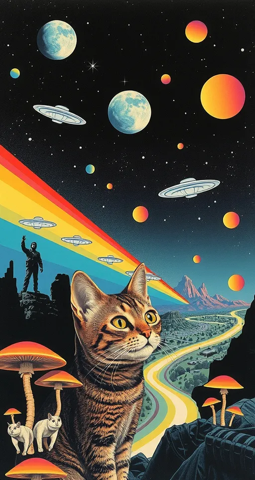 Prompt: <mymodel> Vintage 70s psychedelic surreal sci-fi Collage, analog, cut & paste, outer space, rainbows, spectrum, optical illusions/trippy patterns, surreal alien landscapes, UFOs, « little green men », psilocybin mushrooms, geometric shapes , planets, orbs, black night sky with stars, in the center, cats, 