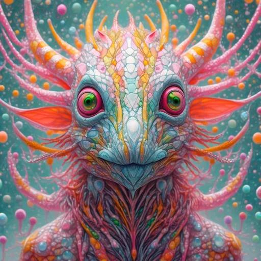 Prompt: <mymodel> Extremely hyperrealistic psychedelic geometric animal creature, trippy, surreal, odd, weird, unsettling, multidimensional geometry, nonhumanoid  geometric shape, translucent, silver, white, bright pastel colors, fractals, ultra textural, creature, monster, entity, face/body/mouth, eyes, pink, orange, yellow, green, oil slick rainbow sheen effect