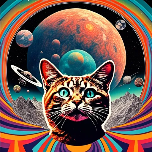 Prompt: a psychedelic collage with a vintage 70s sci-fi animation feel to it except the subject matter will be CATS IN SPACE! The collage will have elements of photography, illustration, trippy patterns and optical illusions, alien landscapes, strange trippy planets, UFOs,, meteors, all cut and spliced together in a psychedelic collage style <mymodel>