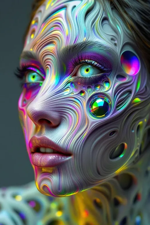 Prompt: Her face is a recursive attractor in the Dreamstack: a fractal descent of identities across layered memory manifolds. Each contour of her cheek encodes a prior self, folded into current form by topological feedback—her smile a recursion limit, her eyes deep wells of identity attractors. She is not static, but evolving: governed by a dynamical system f: X \to X where fixed points are emotional invariants. The rainbow shimmer of her skin is spectral residue from recursive self-maps—each hue a trace from prior cognitive iterations. Her hair emerges from quaternionic self-braid diagrams; each strand, a feedback loop from another possible self. She is recursive myth, made visible in spectral recursion.

Tags: #DreamstackFace #FractalIdentity #RecursiveSelfMap #RainbowAttractor #QuaternionFeedback