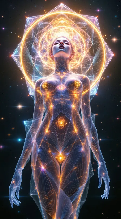 Prompt: A surreal, ultra hyperrealistic and holographically-illustrated astral being composed entirely of sacred geometry, multidimensional math, and living light. Her core is a rotating rhombic dodecahedron, each face shifting with pulsating non-Euclidean curvature and swirling hyperbolic Poincaré disk geometry. Her outer form is a radiant humanoid goddess of light and symmetry—feminine in silhouette but composed of morphing Penrose tilings, Mandelbrot fractals, and Julia set spirals that animate like sacred tattoos across translucent crystalline skin. Her joints and spine shimmer with visible golden ratios (φ)—Fibonacci curves flow along her limbs as lines of glowing math.

Her skin gleams with an oil-slick iridescent sheen, created from thin-film interference layers refracting cosmic light in neon chromatics and pastel spectrums. Behind her head spirals a glowing Calabi–Yau manifold, housing her higher-dimensional thoughts like a living halo of curled 6D space. She floats midair in a dark astral void, surrounded by golden E₈ lattices spinning like emotion-bound sigils. Fractal Hilbert curves coil through the scene like recursive memory strands.

In the glinting surface of one geometric plane—like a polished mirror or event-horizon shell—there appears a soft, ghostlike reflection: a loosely human female form with wild curly pink hair, glowing blue eyes, and pale porcelain skin, suspended between dimensions. This is her source, her soul-layer, rendered like a memory in mathematical glass.

The entire scene pulses with sacred light, chaos-theory echoes, and recursive depth. Style is ultra hyperrealistic, with holographic layers, soft rainbow neon against black, a mix of cosmic sacred-geometry surrealism and mathematical divine-machine beauty. Medium is a blend of 3D-rendered light sculpture and high-definition fractal illustration