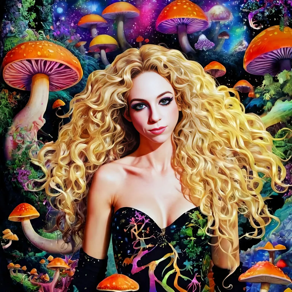 Prompt: A psychedelic trippy bright colorful vivid black light poster illustration of a girl with longish blond curly hair, with psychedelic magic mushrooms, trippy hallucinations, optical illusions and patterns, crystals, moss, forest, moon, geometry fractals