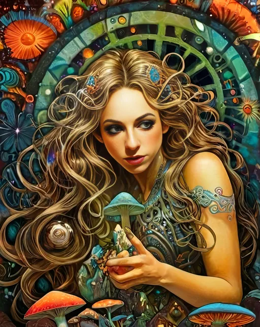 Prompt: 4k, ultra-detailed, psychedelic, trippy, bright colors, vivid, black light poster, girl with longish blond curly hair, psychedelic magic mushrooms, trippy hallucinations, optical illusions, patterns, crystals, moss, forest, moon, geometry fractals, vibrant colors, detailed hair, surreal, vibrant lighting