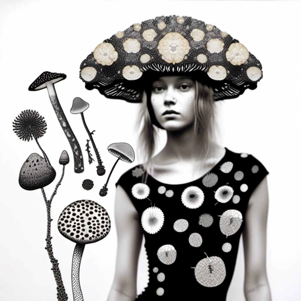 Prompt: a mixed media collage of a girl wearing or growing mushrooms/fungus as clothing body parts and accessories. She is a black and white or halftone photograph, the mushrooms and fungal growths are to be mixed media, including but not limited to paint, enamel, foils, glitter, sparkle, sequins, found objects, natural items, rhinestones etc <mymodel>