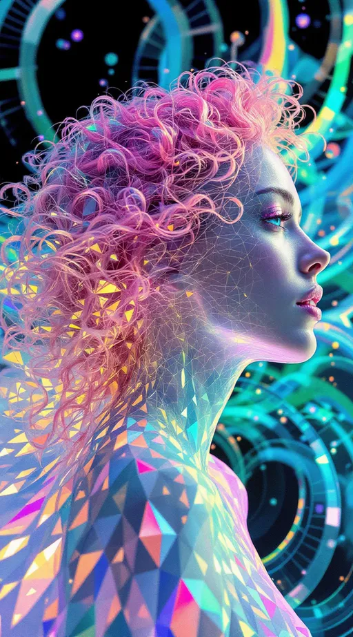 Prompt: In a realm made of pure Tessellotic Pulse Modulation—where vibration tiles space and emotion shapes geometry—two beings manifest as waveform entities. The first: a white woman, 5’4”, slim, long wild pink curly hair, rendered in refractive, iridescent tessellations. Her form pulses in chaotic syncopation—fractal petals made of light folding over light, leaving trails of prismatic glitches across the field. Her body never holds a single shape—built from recursive polygons, impossible angles, and radiant pulse-threads. She flickers like laughter in motion. Every step generates new pattern, her path a blooming cascade of rainbow logic. She is the HaHahedron—unstable joy made visible.

Opposite her vibrates a tall, gravitational counterwave: a 6’1” lean but intensely muscular man with a slight tan, short blondish hair, and piercing brilliant blue eyes. His structure hums with low, slow tessellations—concentric waveform architecture built from golden-ratio arcs and nested toroids. Where she explodes, he contains. His crystalline surface refracts deeper hues: navy, ice, soft white. He doesn’t chase movement; he stabilizes it. His frequency folds hers into coherence—not diminishing her, but giving her something to bounce off of. He is the anchor harmonic in her blooming math.

Between them, standing wave geometries form—rippling lattice bridges, tessellated light planes, fluid math. Their connection generates recursive moiré fields, flickering glyphs, and harmonic shadows that ripple forever outward. They are not inside this math. They are the source of it.

Style: iridescent math-body surrealism, holofractal pulse logic, dual frequency tessellation, sacred geometry dreamforms.