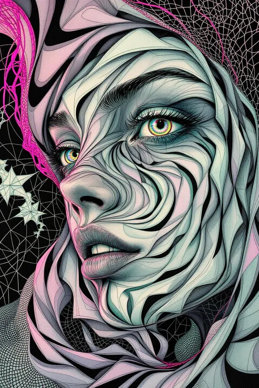 Prompt: A female face unfolds across impossible space—tessellated, recursive, and drawn in thick, uneven ink lines. In the style of La Planète Sauvage, she is not realistic but ritual: a hyper-stylized visage stretched across a non-Euclidean manifold, every contour warped by logic. Her expression is a paradox, hovering somewhere between diagram and myth. Eyes spiral as limit cycles around strange attractor loops, each one inked in tight elliptical bands, orbiting voids rimmed with rainbow halos. Her lips follow curved geodesics—pulled along warped surfaces in matte strokes of spectral pink and solar green. Her cheekbones ripple outward in Hilbert folds, crumpling the page behind her.

The entire face is embedded in a dual lattice: one half the Fractal Memory Field—drawn as nested Penrose tiles in dusty neon—and the other the Chromaflux Constraint Net, painted as hyperbolic grids stitched with glowing braid-knots. These patterns do not sit on her—they become her: nose a focal node of dimensional interference; forehead a Klein-braid of tiling syntax, spiraling in iridescent filament arcs.

Color here does not blend—it diffracts. Harsh rainbow lighting fractures across her skin like broken glass dipped in oil. Auroral ribbons loop through recursive mesh. Every layer of recursion shifts both shape and hue—chromatic torque spirals through Möbius arcs, folding prismatic glyphs into hyperspace along brush-scrawled vector lines.

Her hair dissolves into nested geometry: tessellated ribbons and spectral lattices curl like illustrated smoke, each strand tipped with moiré sparkles and drawn distortions. Her expression flickers with encoded meaning—half-symbol, half-glitch, alive within the folds of Riemann topology.

She is maximalist and spatially unstable. A conscious diagram. A sacred drawing of feedback loops and chroma logic. A face-shaped equation rendered in psychedelic ink.