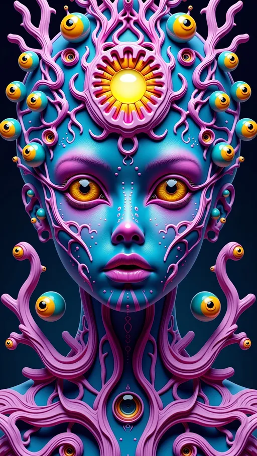 Prompt: An extremely super hyper detailed hyperrealistic weird surreal trippy psychedelic entity manifests, featuring an overwhelming array of psychedelic human eyes, meticulously arranged in a mesmerizing Spirograph pattern. These eyes, each vibrant and unique, echo the intricate loops and curves of the design, creating a hypnotic visual rhythm. Rows upon rows of psychedelic teeth, each resembling a miniature fractal tree, branch out in recursive patterns, their textures mimicking the organic complexity of natural growth.

The entity's form is enriched by coral-like patterns, with its surface exhibiting intricate branching structures reminiscent of coral formations, adding layers of complexity and depth. Its texture is a swirling amalgamation of fractal geometries and Voronoi tiling, forming a cellular structure that pulsates with life.

On a microscopic level, the entity's skin is a tapestry of radiolarians, each with a lattice-like structure and radiating spines, contributing to its otherworldly appearance. These intricate forms are interspersed with elongated, tubular shapes of foraminifera, their surfaces adding tactile roughness.

Elements of Labradorite and Charoite infuse the entity with iridescent flashes and swirling purple hues, their crystalline structures playing with light across the surface. The metallic sheen of Pyrite adds reflectivity, interspersed with the deep azure of Azurite, forming a striking contrast that enhances the surreal aesthetic.

In the background, a cosmic scene unfolds, inspired by quantum foam, a seething mass of bubbles and fluctuations at the Planck scale, creating a dynamic and ever-changing backdrop. This scene is enriched by quantum entanglement, visualized as an invisible web linking particles across the universe, adding interconnectedness to the surreal landscape. The entire scene is bathed in the soft, ethereal glow of a Fibonacci spiral galaxy, its arms stretching out in a harmonious cosmic dance.