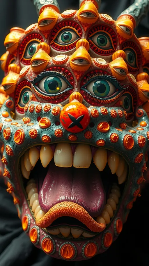 Prompt: Create an extremely hyper-realistic, ultra super textural, weird, trippy, surreal, psychedelic eyes/teeth/mouth creature/entity based on “metatron’s cube” with lots of human eyes (crazy colorful compound psychedelic), rows of human teeth, human lips, and tongues. 

- **Colors**: determined by the properties and expressions of the elements (& their isotopes), minerals, and metals: Nickel (Ni), Aventurine, Chrysoberyl

**Shapes and forms**
- “Metatron's Cube”
-other shapes determined by the natural properties and expressions of the elements (& their isotopes), minerals, metals, and biological organisms: diatoms, Nickel (Ni), Aventurine, Chrysoberyl


- **Textures**: Derived from any/all elements (& their isotopes), minerals, metals, crystals, organic things mentioned in this prompt: “Metatron's Cube” Nickel (Ni), Aventurine, Chrysoberyl

**Composition and Layout**:
- a pattern/design based on the “Metatron's Cube”

**Lighting**lots and lots of bright shining reflective light
- Trichroism


**Detail and Atmosphere**:
- Extreme hyperrealistic sharp high detail high definition organic and mineral textures
- Psychedelic, weird, odd, surreal atmosphere
- Frozen in time

**Additional Elements**:
- extra rows of teeth, lips, many eyes, diatoms, “Metatron's Cube” , Aventurescence, Chatoyancy
