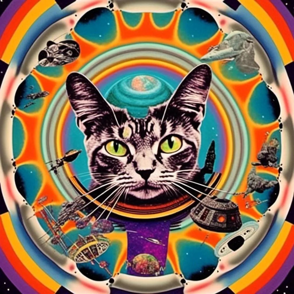 Prompt: a psychedelic collage with a vintage 70s sci-fi animation feel to it except the subject matter will be CATS IN SPACE! The collage will have elements of photography, illustration, trippy patterns and optical illusions, alien landscapes, strange trippy planets, UFOs,, meteors, all cut and spliced together in a psychedelic collage style <mymodel>