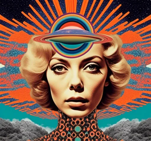 Prompt: <mymodel>Psychedelic trippy collage with a surreal vintage 70s sci-fi feel, vibrant colors, retro futuristic elements, surreal landscapes, detailed psychedelic patterns, high quality, vintage sci-fi, mixed with photograph of a woman with blond curly hair, geometric shape and optical illusions, vibrant colors, surreal, detailed patterns, trippy, collage, 70s, retro futuristic, eyes, surreal landscapes, detailed, atmospheric lighting