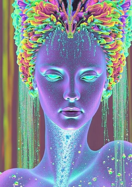 Prompt: An extremely ultra hyperrealistic, 34k high definition extreme detailed depiction of a celestial female DMT entity, her form a breathtaking fusion of cosmic and quantum energies. Her skin is a living canvas of **Luminous Fractals**, iridescent patterns that glow and shift, expanding into infinity, creating an intricate, mesmerizing geometry. Her presence is adorned with a **Bioluminescent Glow**, pulsating gently, casting a soft, ethereal light that dances across her form, highlighting her divine contours.

Her eyes, mesmerizing **Prism Portals**, refract everything into a kaleidoscope of colors, drawing the observer into a vortex of light and wonder. Her hair flows like liquid starlight, imbued with **Iridescent Flow**, streams of shimmering colors that ripple with every movement, creating a hypnotic, dreamlike effect. Surrounding her is a **Holographic Cascade**, layers of shifting holographic images that flow like a digital waterfall, reflecting the endless possibilities of the universe.

The air around her vibrates with **Quantum Light Interference**, complex, layered patterns that resemble the dance of quantum particles, adding an enigmatic aura to her presence. As she moves, reality itself warps with **Chromatic Explosion**, bursts of multi-colored light shards illuminating her surroundings. A **Light Vortex** swirls around her, a cosmic whirlpool of pure light and color, drawing in all who gaze upon her.

The scene is bathed in a **Gleaming Spectrum**, a shimmering, shifting spectrum of colors enveloping everything in a surreal glow. Her presence is a **Spectral Bloom**, an explosion of rainbow colors radiating outward in a floral, blooming pattern, symbolizing the infinite creativity and wonder of the cosmos. The entire composition is finished with a soft retro analog touch, featuring popping vibrant colors that enhance her surreal and otherworldly beauty, making her the epitome of celestial grace and allure.