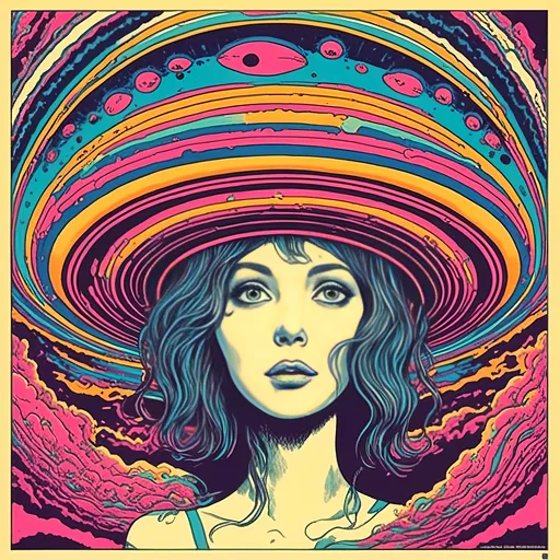 Prompt: <mymodel>Psychedelic poster art illustration of a girl getting beamed up into a flying saucer UFO, vibrant and surreal colors, trippy visual effects, detailed facial features with wide eyes and flowing hair, surreal abduction scene, high quality, vibrant colors, surreal, psychedelic, detailed facial features, poster art style, trippy visual effects, surreal abduction, vibrant and surreal colors, flowing hair, wide-eyed gaze, professional, atmospheric lighting