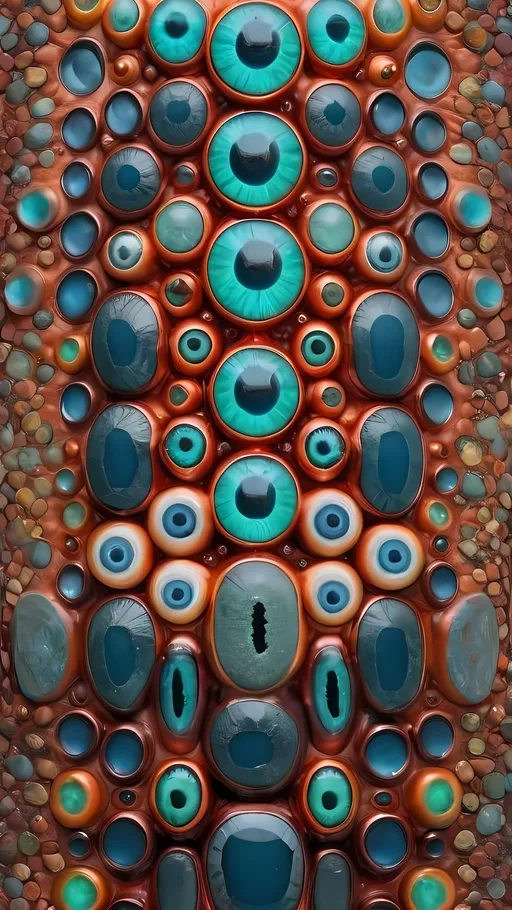 Prompt: Create an extremely hyper-realistic, ultra super textural, weird, trippy, surreal, psychedelic eyes/teeth/mouth pattern/design based on "Staphylococcus epidermidis", with lots of human eyes (crazy colorful compound psychedelic), rows of human teeth, human lips, and tongues. 

- **Colors**: determined by the properties and expressions of the elements (& their isotopes), minerals, and metals: Chrysocolla, copper, silicon, hematite,  “ Staphylococcus epidermidis”

**Shapes and forms**
- "Staphylococcus epidermidis"
-other shapes determined by the natural properties and expressions of the elements (& their isotopes), minerals, metals, and biological organisms: Chrysocolla, copper, hematite

- **Textures**: Derived from any/all elements (& their isotopes), minerals, metals, crystals, organic things mentioned in this prompt:"Staphylococcus epidermidis",  Chrysocolla, copper, hematite

**Composition and Layout**:
- a pattern/design based on "Staphylococcus epidermidis"

**Lighting**:
- Lots of bright light
- zoomed out

**Detail and Atmosphere**:
- Extreme hyperrealistic sharp high detail high definition organic and mineral textures
- Psychedelic, weird, odd, surreal atmosphere
- Frozen in time

**Additional Elements**:
- "Staphylococcus epidermidis", extra rows of teeth, lips, many eyes

