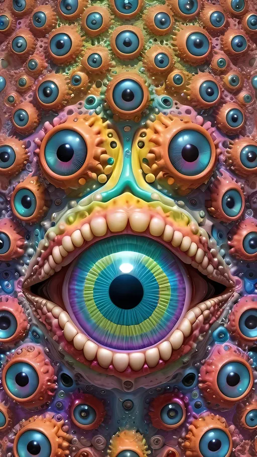 Prompt: an extremely hyper realistic ultra super textural weird trippy surreal psychedelic entity, cantor set, apollonian gaskets, catenoids, white, translucent, clear, bright bright pastel colors, oil slick rainbow sheen effect, lots and lots of light, lots of crazy colorful compound psychedelic human eyes, rows of human teeth, fungus, atoms, diatoms, enneper sufaces, apollonian gaskets, cantor set 