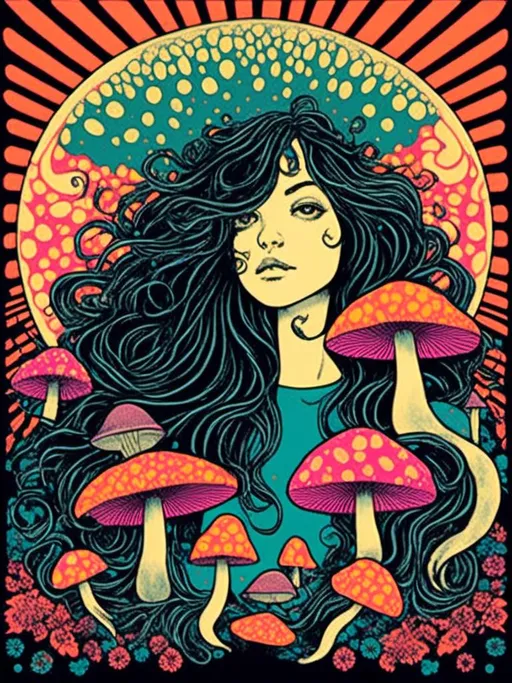 Prompt: <mymodel>Psychedelic poster illustration of a girl with long, curly blond hair, solid black cat, trippy mushrooms, vibrant colors, high-quality, poster art, surreal, detailed hair, psychedelic, detailed cat, colorful, vibrant, surreal, professional lighting