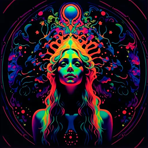 Prompt: <mymodel>Vintage 70s black light poster art illustration of a beautiful female DMT entity, long blond curly hair, otherworldly ineffable beauty, DMT waiting room, astral being, psychedelic hallucinations, vibrant colors, detailed astral features, retro artistic style, intense and vivid colors, mesmerizing aura, surreal vibes, flowing hair, radiant chakras, psychedelic realm, best quality, vibrant, retro, surreal, intense colors, detailed astral features, mesmerizing beauty, vintage, black light poster, effervescent lighting