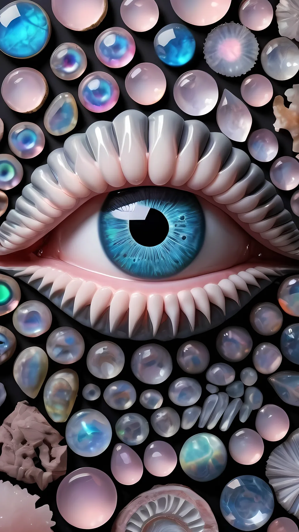 Prompt: Create an extremely hyper-realistic, ultra super textural, weird, trippy, surreal, psychedelic eyes/teeth/mouth pattern/design based on Mandelbrot & “Op Art tiling” with lots of human eyes (crazy colorful compound psychedelic), rows of human teeth, human lips, and tongues. 

- **Colors**: determined by the properties and expressions of the elements (& their isotopes), minerals, and metals: opal, moonstone, Kunzite, selenite, rose quartz, Palladium (Pd), “Fusarium verticillioides”

**Shapes and forms**
- Mandelbrot 
- "Op Art tiling" 
-other shapes determined by the natural properties and expressions of the elements (& their isotopes), minerals, metals, and biological organisms: opal, moonstone, Kunzite, selenite, rose quartz,  Palladium (Pd), “Fusarium verticillioides”


- **Textures**: Derived from any/all elements (& their isotopes), minerals, metals, crystals, organic things mentioned in this prompt: opal, moonstone, Kunzite, selenite, rose quartz, Palladium (Pd), “Fusarium verticillioides”

**Composition and Layout**:
- a pattern/design based on the Op Art tiling & Mandelbrot 

**Lighting**:
- lots of bright light
- Iridescence
- Aventurescence
- Chatoyancy
- Asterism

**Detail and Atmosphere**:
- Extreme hyperrealistic sharp high detail high definition organic and mineral textures
- Psychedelic, weird, odd, surreal atmosphere
- Frozen in time

**Additional Elements**:
- extra rows of teeth, lips, many eyes, Op Art tiling, Mandelbrot, Iridescence, Aventurescence, Chatoyancy
