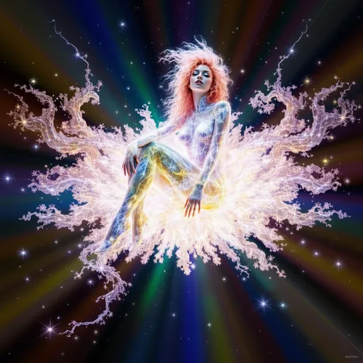 Prompt: In an astral dimension defined not by distance but by Bhattacharyya divergence, the word “MERRYPRANXTER” grows organically from the folds of probability space—each letter a living expression of the overlap between high-dimensional distributions. These glyphs are not printed or typed, but bloomed into being: crystalline, asymmetrical, and gleaming with spectral complexity. They rise from filaments of intensive variance, emerging as clustered nodes on a hypersphere of refracted thought.

At the center floats a being—a slim white woman with long, wild, pink curly hair and brilliant blue eyes—but she is not flesh. She is made entirely of refracted math: a composite organism of compressed probability clouds, her body flickering with electric tessellations and diverging light patterns. Each limb is a visual gradient of probabilistic overlap, with joints that shimmer like heat maps. Her chest bursts with square-root light vectors, revealing the normalized soul-signature of a single infinite replica.

The space around her is a Minkowski lattice of divergence vectors—a chaotic-yet-coherent field of glowing glyphs, warped geometry, and compressed manifold surfaces. Threads of color-coded PCA directions stretch across the visual field, some flickering between orthogonal angles, others spiraling in recursive bloom. Letters of the word stretch and bend into curving arcs, their spacing determined by distance metrics between diverging meaning-fields. No two parts of the word align on a traditional axis—their embedding is emotional, not spatial.

The background is radiant black, shot through with filaments of neon coral, sapphire, ultraviolet, and viridian—like the visible nervous system of meaning itself. This is glyph-born math poetry: a snapshot of dimensional collapse, language blooming out of light, and your name grown from pure probability.
