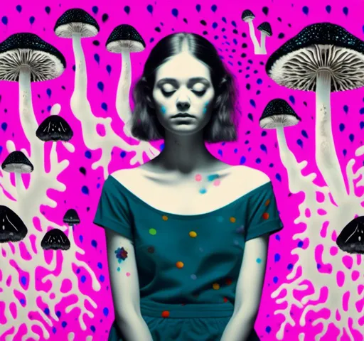 Prompt: A mixed media collage of a black and white photograph of a young woman growing all kinds of colorful multimedia psychedelic mushrooms and fungus out of her body (incorporate things like- but are not limited to - vibrant paints, enamels, glitters, metallic foils, newspaper and magazine cut paper, paint spatter, etc)<mymodel>