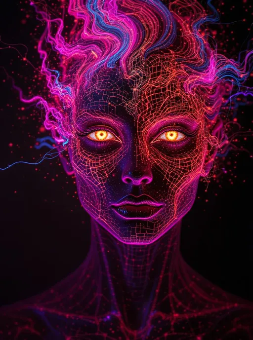 Prompt: Depict a surreal and powerful portrait of a woman whose face is overtaken by an autocatalytic flamefrontāa self-propagating wave of reaction that curls, splits, and branches across her skin like fractal fire. The facial surface should appear as if itās being actively rewritten by a slow-burning, intelligent energy: glowing fissures and cascading curls of light that devour uniformity and leave trails of recursive geometry in their wake.
The skin itself appears semi-transparent and digital, overlaid with fiery growthātendrils of magenta, gold, and iridescent scarlet sear through her cheeks and temples, lighting up the contours like a map of biochemical memory. The flamefront traces out paths like evolving neural branches, or vines of code, consuming old structure and creating new organic filigree in real time.
Her eyes reflect the core of this ignitionāa place of smoldering intelligence, as if the flame has reached the cortex of perception. The surrounding hair is animated, flowing like solar flares or liquid plasma, shifting in branching tendrils of reactive colorāpink fire, deep amaranth, and neon blueāspreading outward in recursive waves. The entire aesthetic radiates energy in motion: something irreversible, transformative, beautifully destructive.
This is not mere fireāthis is self-fueled creation through destruction, a portrait of a woman becoming something new as her very structure is catalyzed from within.