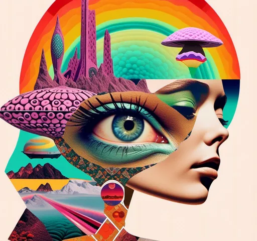 Prompt: a psychedelic collage with a feel of a vintage surreal art house 70s scifi animation combined with a psychedelic collage created out of spliced photographs, art, magazine pages, etc other photos of things like alien landscapes,, eyes, geometric shaped cutouts of trippy patterns, optical illusions, mushrooms, crystals, planets and stars, buildings, roads, cars, animals, aliens, UFOs,, insects, lots of eyes<mymodel>