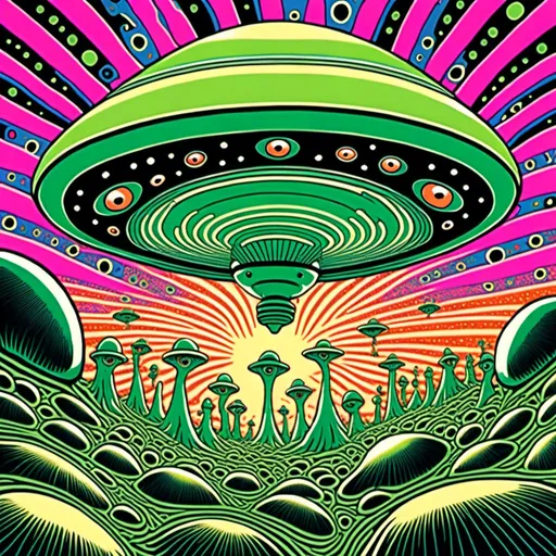 Prompt: <mymodel>Flying saucer UFO and little green men in psychedelic poster art style, vibrant and surreal colors, detailed metallic surface of the saucer, intricate psychedelic patterns on the saucer, small green humanoids with bug-like eyes, swirling and vibrant background, high quality, poster art, surreal, vibrant colors, detailed metallic surface, intricate patterns, psychedelic, bug-like eyes, surreal background, professional lighting