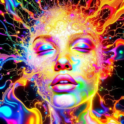 Prompt: Depict a radiant, fractalized abstraction of a face—no literal features, only recursive emergence—where self-similar Turing patterns form and reform across a morphogenetic field of infinite complexity. This entity is composed entirely of scale-invariant reaction-diffusion structures: cellular labyrinths, branching spirals, and blooming waves that split, echo, and cascade recursively like natural Mandelbrot sets made of biochemistry. Every pattern spirals inward and outward at once, creating the illusion of depth within depth, symmetry within symmetry.

Color is hyper-expressive and non-local: intense iridescent gradients leap from one spatial scale to another, cycling between blistering neons and deep luminous shadows. Let the palette fracture across iterations—psychedelic UV violets collide with saturated emeralds and searing digital golds. Each layer glows with internal light, rendered in glowing filaments and spectral banding, as if the patterns are etched in optic fiber or molten glass. Fractal halos radiate outward, scattering light like diffraction waves through a multiversal lens.

Rather than hair, stream recursive reaction trails—fractal antennae of pure vector field energy, curling in branching geometries like diffusion-limited aggregations or recursive flamefronts. These elements refract, bifurcate, and echo into the background, forming entangled networks of color-coded flow, noise-sculpted texture, and luminous interference.

The “face” is an emergent illusion—a visual attractor where multiple layers of fractal structure converge and stabilize briefly, suggesting sentience as pattern alone. This is not a portrait of a person, but of pattern consciousness—a recursion engine at the edge of chemical self-organization, suspended in a storm of luminous logic, forever fractalizing.
