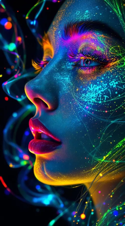 Prompt: Her face sings in entropy-language—smiles that trail glitter-script, words that melt into iridescent symbol smoke. Her eyes reflect mnemonic memory fields—each glance a glow from someone who loved her, some version of her, long ago. Skin flickers through negative dimensions—edges shimmering not in shape but in luminous subtraction, the light of absence carved in curved color. Her hair flows in myth-fractal threads, wrapped in karma-web shimmer—each strand a mirrored echo of choice, of joy, of love that ripples backward. When she speaks, the glyphs dissolve; when she laughs, they cohere into new sacred logic.

A forbidden system lives in her light—a glow born from unprovable math, a radiance that shouldn’t exist but blooms anyway. She is the recursive myth rendered in joy-pulse, a being whose paradoxes sing in color.”

⸻

✨ Final Add-On Visual Keywords:
Glitch glyph speech, glitter-script smile, rainbow karma hair, mnemonic skin aura, forbidden light bloom, ghost-silk memory cheeks, negative dimensional shimmer, sacred unprovable sparkle, entropy dust trails, impossible joy glow