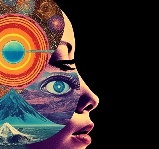 Prompt: <mymodel>Psychedelic trippy collage with a surreal vintage 70s sci-fi feel, vibrant colors, retro futuristic elements, surreal landscapes, detailed psychedelic patterns, high quality, vintage sci-fi, mixed with photograph of a woman with blond curly hair, geometric shape and optical illusions, vibrant colors, surreal, detailed patterns, trippy, collage, 70s, retro futuristic, surreal landscapes, detailed, atmospheric lighting