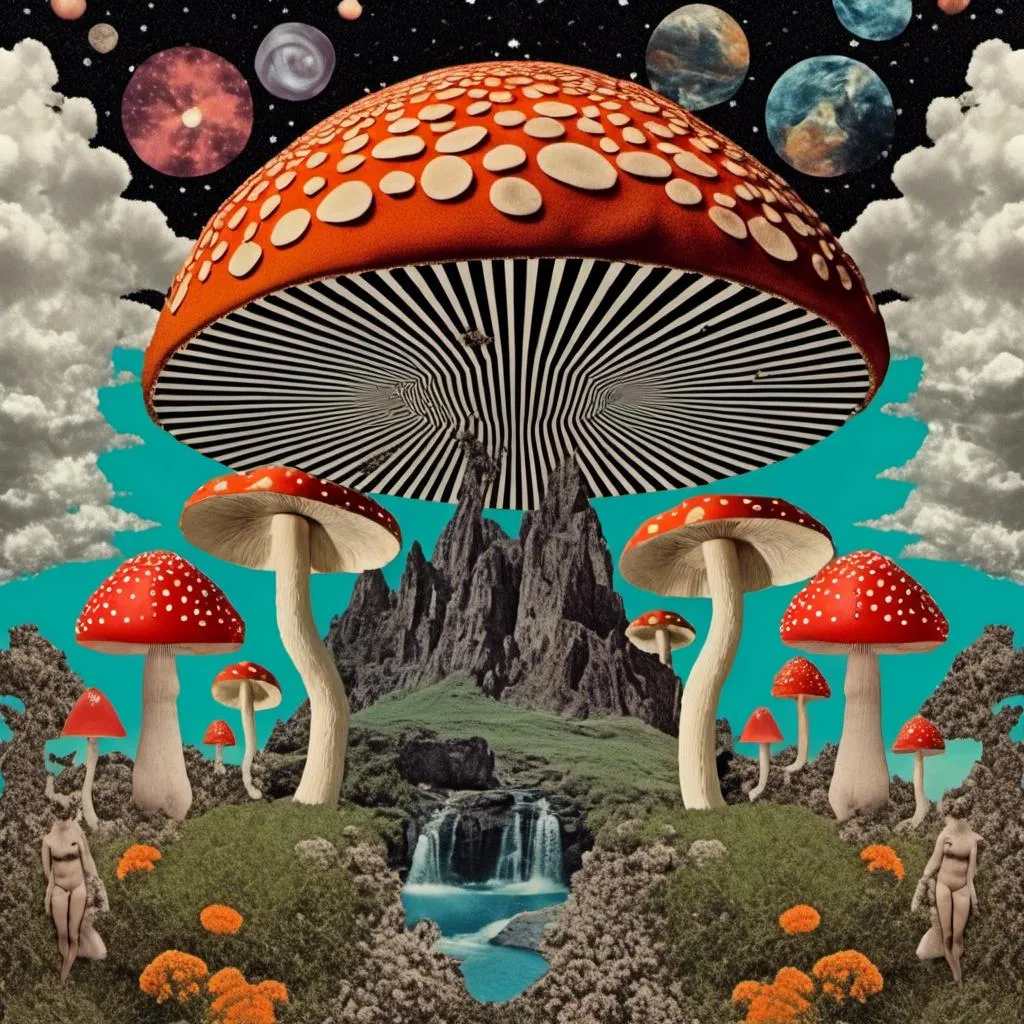 Prompt: a vintage retro psychedelic collage showcasing cut and spliced photos of mushrooms and fungus with surreal landscapes, trippy psychedelic patterns and optical illusions, UFOs, planets & outer space, cats, put together creatively in a Durrell psychedelic collage creation <mymodel>