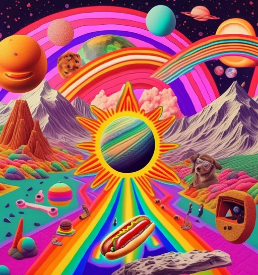 Prompt: a psychedelic collage with a vintage 70s sci animation feel to it except the theme is 90s internet memes. It is to be a collage of photographs and illustrations, outer space, planets, landscapes, optical illusion patterns, geometric shapes, eyes, hands, body parts, with rainbows, 404 error warnings, hamsters, cats, hot dogs, hamburgers, llamas, pickles, candy, chips, pixels, orbs, 90s style iconography spliced together with a vintage 70s psychedelic collage effect<mymodel>