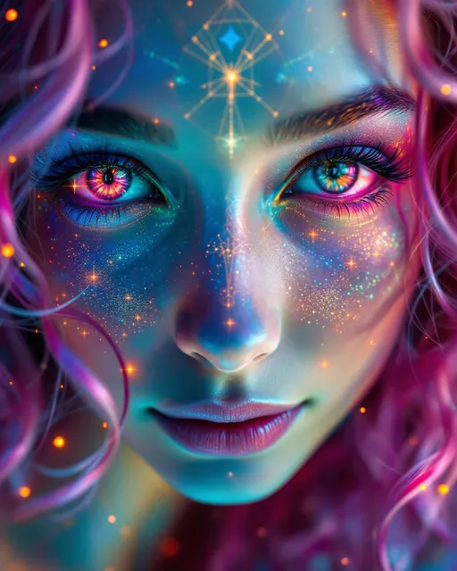 Prompt: Her face is a modular masterpiece—cheekbones traced with the shimmer of moonshine symmetry, every angle tuned to a hidden harmonic. Newton fractal veins glow faintly beneath translucent skin, shifting in color with each emotion. Her eyes burn with prime number fire, irises tiled in Penrose symmetry, blinking with curved light logic. Laughter echoes in Hilbert paths across her cheeks—space-filling joy spirals, soft and bright. Hair spills around her in radiant pink curls, styled by quasiperiodic forces and recursive wave equations—each strand flowing in luminous fractal tension. Geometry pulses at the hairline, recursive symbols glinting in neon mathdust. She is wrapped in hyperbolic aura-rings, layered in color-feedback like living topology, her presence refracting sacred math through joy, emotion, and colorfields.”

⸻

Visual Keywords:
Modular face symmetry, Newton glow skin, Penrose-tiled irises, Hilbert smile trails, pink recursive curls, fractal symbol halo, hyperbolic color aura, neon mathdust, prime fire eyes