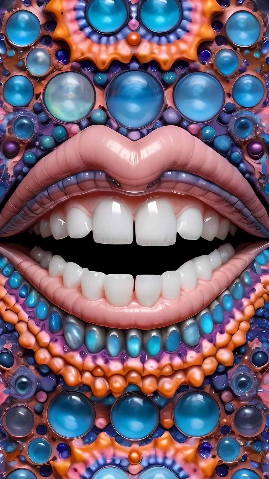 Prompt: Create an extremely hyper-realistic, ultra super textural, weird, trippy, surreal, psychedelic eyes/teeth/mouth pattern/design based on Mandelbrot & “Op Art tiling” with lots of human eyes (crazy colorful compound psychedelic), rows of human teeth, human lips, and tongues. 

- **Colors**: determined by the properties and expressions of the elements (& their isotopes), minerals, and metals: opal, moonstone, Kunzite, selenite, rose quartz, Platinum (Pt)

**Shapes and forms**
- Mandelbrot 
- "Op Art tiling" 
-other shapes determined by the natural properties and expressions of the elements (& their isotopes), minerals, metals, and biological organisms: opal, moonstone, Kunzite, selenite, rose quartz,  Platinum (Pt)


- **Textures**: Derived from any/all elements (& their isotopes), minerals, metals, crystals, organic things mentioned in this prompt: opal, moonstone, Kunzite, selenite, rose quartz, Platinum (Pt)

**Composition and Layout**:
- a pattern/design based on the Op Art tiling & Mandelbrot 

**Lighting**:
- lots of bright light
- Iridescence
- Aventurescence
- Chatoyancy
- Asterism

**Detail and Atmosphere**:
- Extreme hyperrealistic sharp high detail high definition organic and mineral textures
- Psychedelic, weird, odd, surreal atmosphere
- Frozen in time

**Additional Elements**:
- extra rows of teeth, lips, many eyes, Op Art tiling, Mandelbrot, Iridescence, Aventurescence, Chatoyancy
