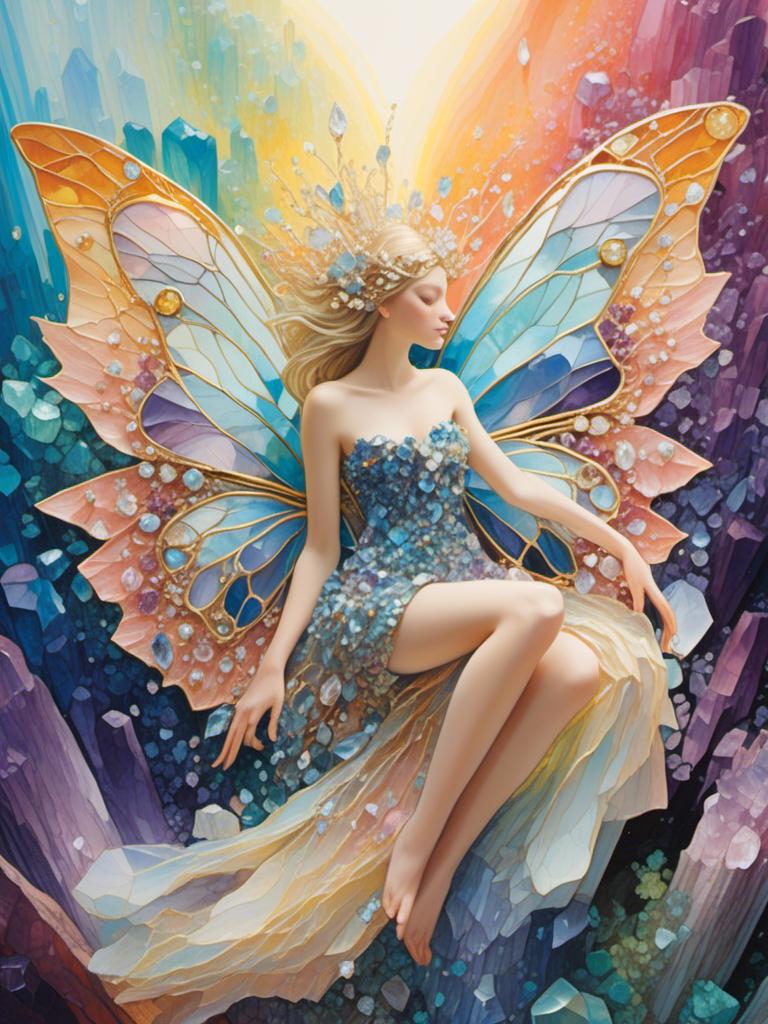 Prompt: <mymodel>Fairies crafted from gemstones, sparkling and ethereal, magical aura, high quality, detailed, fantasy, jewel-like textures, radiant glow, surreal, enchanting, pastel tones, soft and luminous lighting, ultra-detailed, mystical beings, shimmering wings, intricate design, whimsical, dreamlike