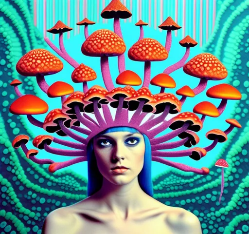 Prompt: A surreal 70s sci-fi psychedelic collage all about MUSHROOMS. Realistic retro photographs/scientific illustrations of All kinds and colors of mushrooms/fungus (including but not limited to mushrooms, turkeytail, bracket and shelf fungi, puffballs, earth stars, stinkhorns, scizzophyllum commune, psilocybe cubensis, shaggy mane, parasol fungus, and more). They are to be collage spliced together with photos and elements such as outer space, alien/surreal/mountain landscapes, eyes, space scenes/night sky, trippy psychedelic patterns/optical illusions, bright vivid colors, geometric shapes<mymodel>