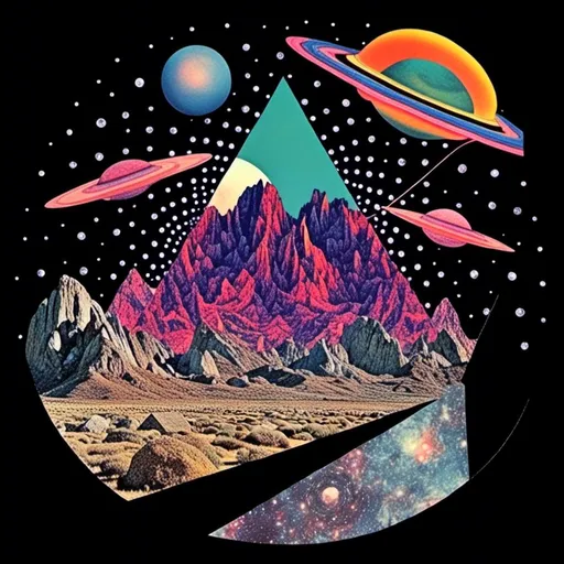 Prompt: a surreal trippy psychedelic collage evoking the feel of vintage sci-fi art. It will be set amongst trippy psychedelic patterns/optical illusions, alien/surreal/mountain landscapes, geometric shapes<mymodel>