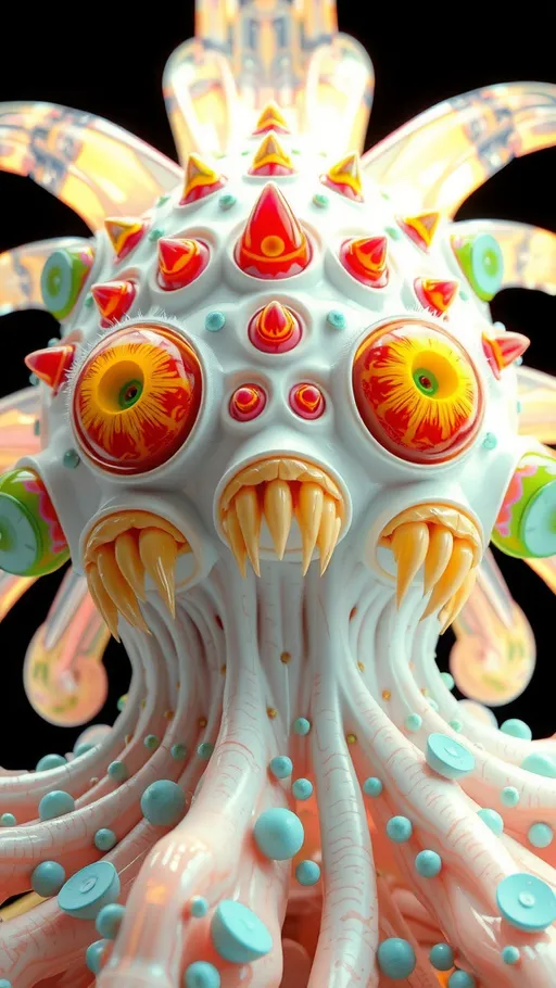 Prompt: an extremely hyper realistic ultra super textural weird trippy surreal psychedelic entity, vicsek fractals, white, translucent, clear, bright bright pastel colors, oil slick rainbow sheen effect, lots and lots of light, lots of crazy colorful compound psychedelic human eyes, rows of human teeth, fungus, atoms, diatoms, vicsek fractal