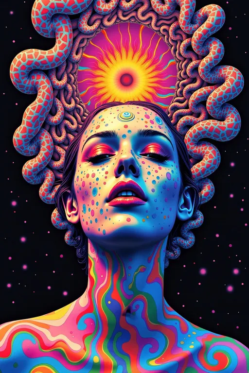 Prompt: A surreal, psychedelic face with a glowing third eye centered on the forehead, surrounded by impossible geometries and recursive structures. Her skin is covered in Newton fractal patterns and holographic tessellations that shift color like iridescent foil. The background and hair dissolve into Escher-style interlocking staircases, Penrose cubes, and Möbius loops twisting through hyperbolic space. The central third eye radiates electric tendrils of fractal energy, echoing the Droste effect as the entire face folds in on itself, blending hallucination, sacred geometry, and optical illusion. Rendered in vibrant rainbow-neon tones with a shimmering, holographic-glitch aesthetic.
