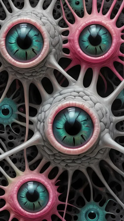 Prompt: an extremely hyper realistic ultra super textural weird trippy surreal psychedelic entity, crazy psychedelic compound human eyes, neurons, synapses, nervous system, chemicals, rows of human teeth, translucent white, black charcoal, hot pink, pinks, silver, yellow, orange, green, teal, copper, Gyroid Structures
