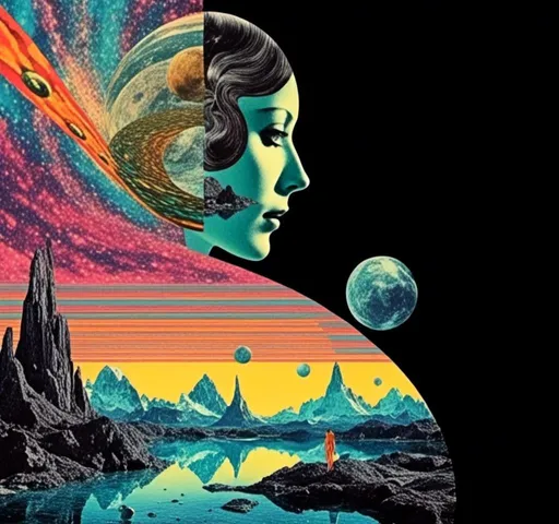 Prompt: <mymodel>Psychedelic trippy collage with a surreal vintage 70s sci-fi feel, vibrant colors, retro futuristic elements, surreal landscapes, detailed psychedelic patterns, high quality, vintage sci-fi, vibrant colors, surreal, detailed patterns, trippy, collage, 70s, retro futuristic, surreal landscapes, detailed, atmospheric lighting