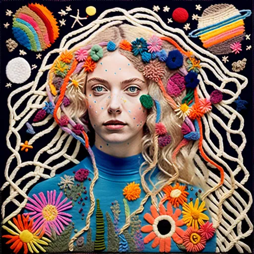 Prompt: <mymodel>Mixed media collage of a beautiful woman with long blond curly hair and blue eyes and her rainbow astral body sewn to each other with real thread, real thread stitching, planets and stars, outer space, wildflowers and fungus, surreal concept, textured, high quality, mixed media, collage, surreal, organic elements, detailed stitching, wildflowers, fungus, textured, vibrant colors, natural lighting