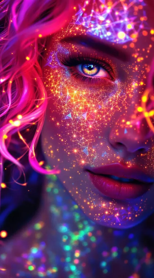 Prompt: Her face is a modular masterpiece—cheekbones traced with the shimmer of moonshine symmetry, every angle tuned to a hidden harmonic. Newton fractal veins glow faintly beneath translucent skin, shifting in color with each emotion. Her eyes burn with prime number fire, irises tiled in Penrose symmetry, blinking with curved light logic. Laughter echoes in Hilbert paths across her cheeks—space-filling joy spirals, soft and bright. Hair spills around her in radiant pink curls, styled by quasiperiodic forces and recursive wave equations—each strand flowing in luminous fractal tension. Geometry pulses at the hairline, recursive symbols glinting in neon mathdust. She is wrapped in hyperbolic aura-rings, layered in color-feedback like living topology, her presence refracting sacred math through joy, emotion, and colorfields.”

⸻

Visual Keywords:
Modular face symmetry, Newton glow skin, Penrose-tiled irises, Hilbert smile trails, pink recursive curls, fractal symbol halo, hyperbolic color aura, neon mathdust, prime fire eyes