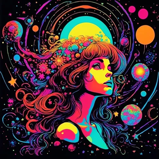 Prompt: <mymodel>Vintage 70s black light poster art illustration, girl hallucinating in space, psychedelic mushrooms, planets, moons, stars, fractals, vibrant colors, intense black light effects, detailed psychedelic girl, cosmic atmosphere, high quality, psychedelic, vintage, space, vibrant colors, fractal details, hallucination, girl illustration, retro art style, cosmic lighting