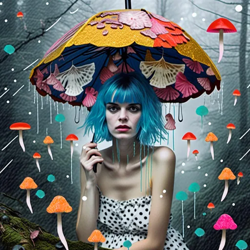 Prompt: <mymodel>Mixed media collage of a fungus fairy girl in the rain, mushroom umbrella, black and white and color photography, paint, glitter, sequins, metal, magazines, glass, unique textures, ethereal atmosphere, high quality, whimsical, surreal, fairy, mushroom umbrella, mixed media, collage, fungus girl, rain, unique textures, ethereal, surreal, magical, detailed wings, sparkling details